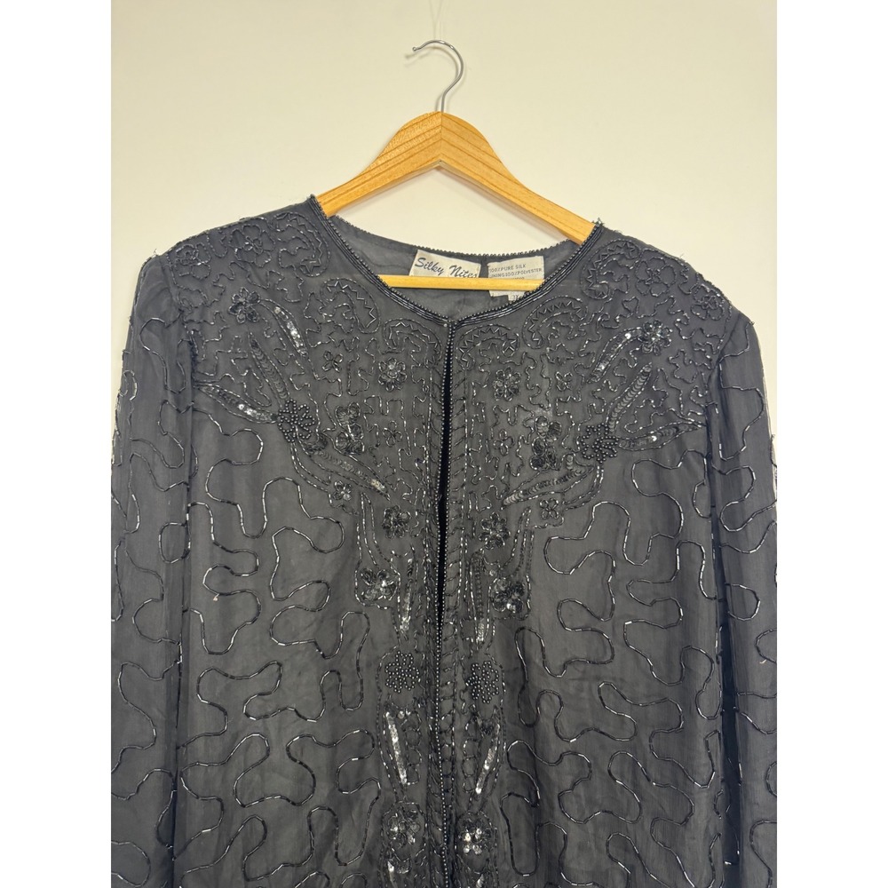 Vintage Deadstock Glamour Silky Nites Beaded Silk Evening Jacket Women 3X Black - Picture 6 of 11